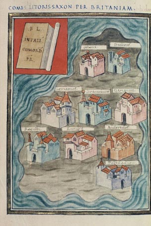 mapa de la Notitia Dignitatum con los fuertes de la Costa Sajona