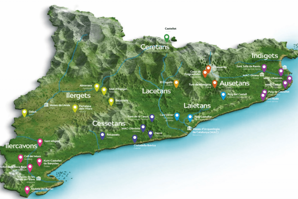 mapa de la Ruta dels Ibers en Cataluña, con indicaciones de los pueblos y principales lugares a visitar