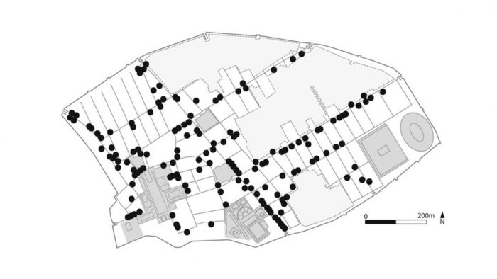 mapa con la ubicación de los thermopolia de Pompeya
