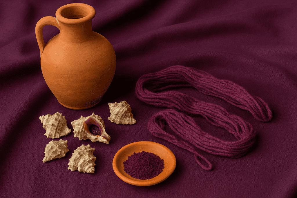 Proceso de la púrpura romana: ánfora con tinte, conchas de múrice, pigmento y madejas de lana teñida sobre tela púrpura. Isla de Ons, Galicia.