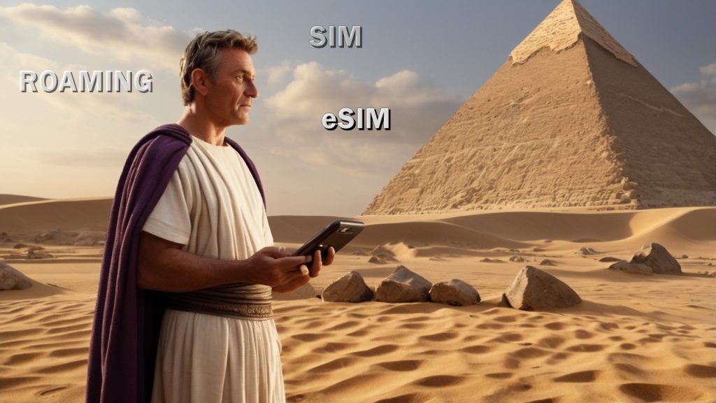 senador romano en Egipto consultando su teléfono móvil con conexión internacional para ilustrar el uso de roaming, SIM y eSIM en viajes