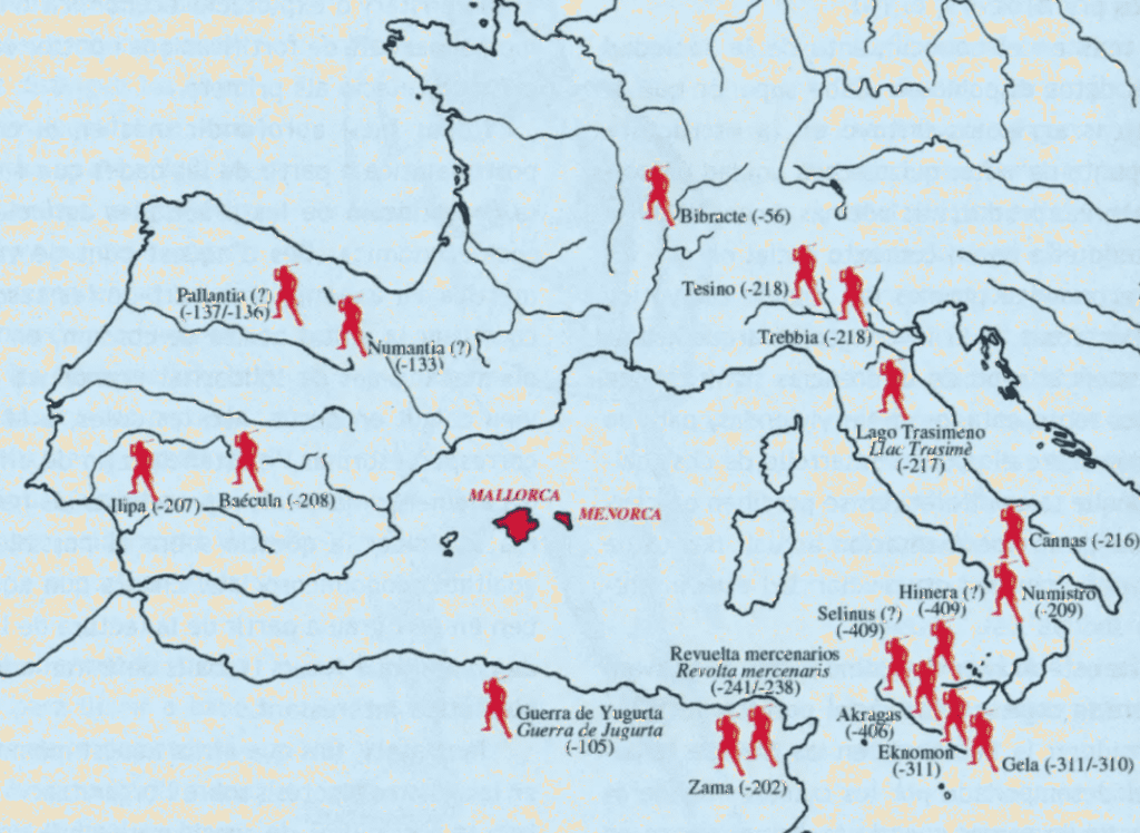 mapa con los principales conflictos con intervención de honderos baleares