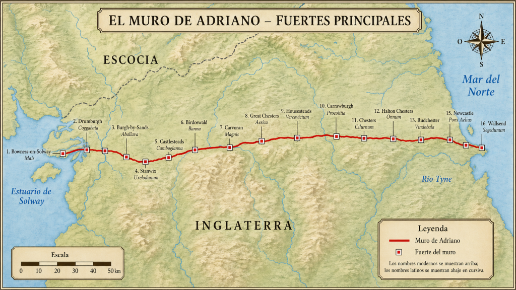 mapa con los nombres de los fuertes del Muro de Adriano