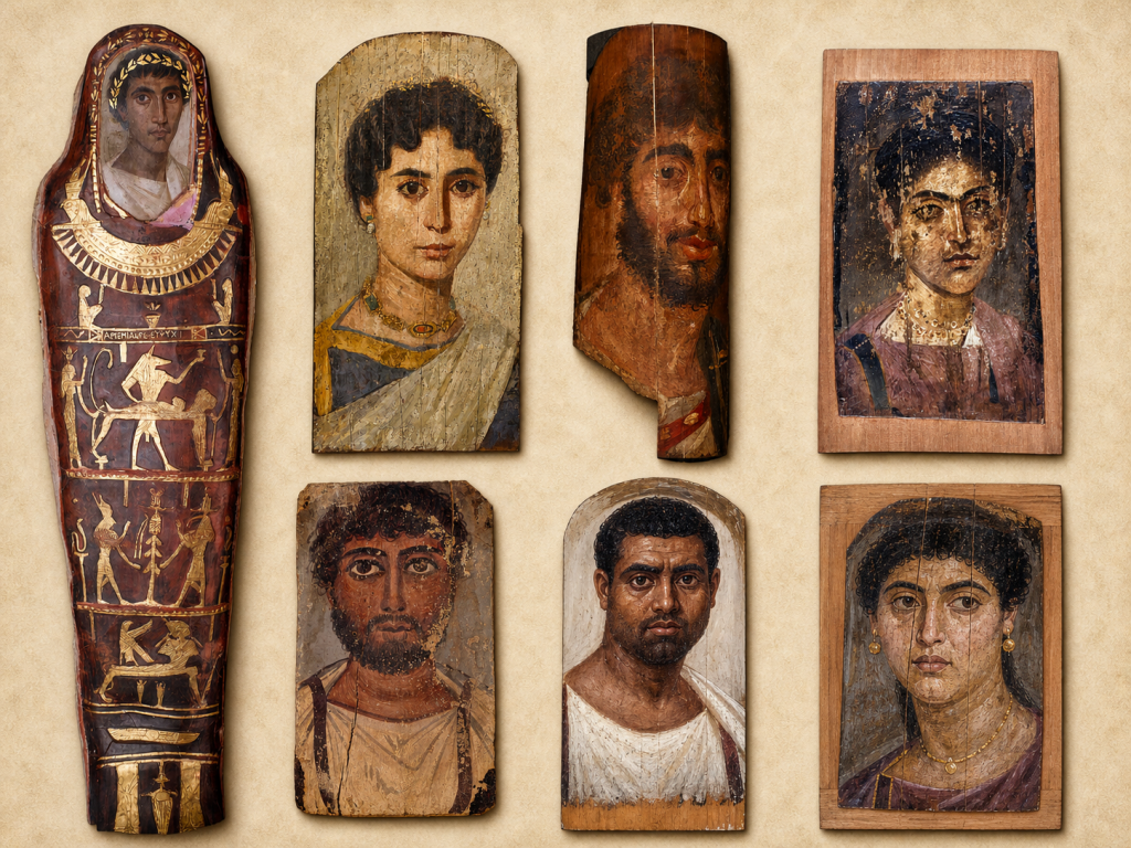 Imagen compuesta a partir de siete retratos funerarios de El Fayum conservados en el British Museum de Londres. La composición reúne un cartonaje funerario con retrato pintado y seis retratos sobre tabla, representativos de la tradición pictórica del Egipto romano entre los siglos I y III d. C.