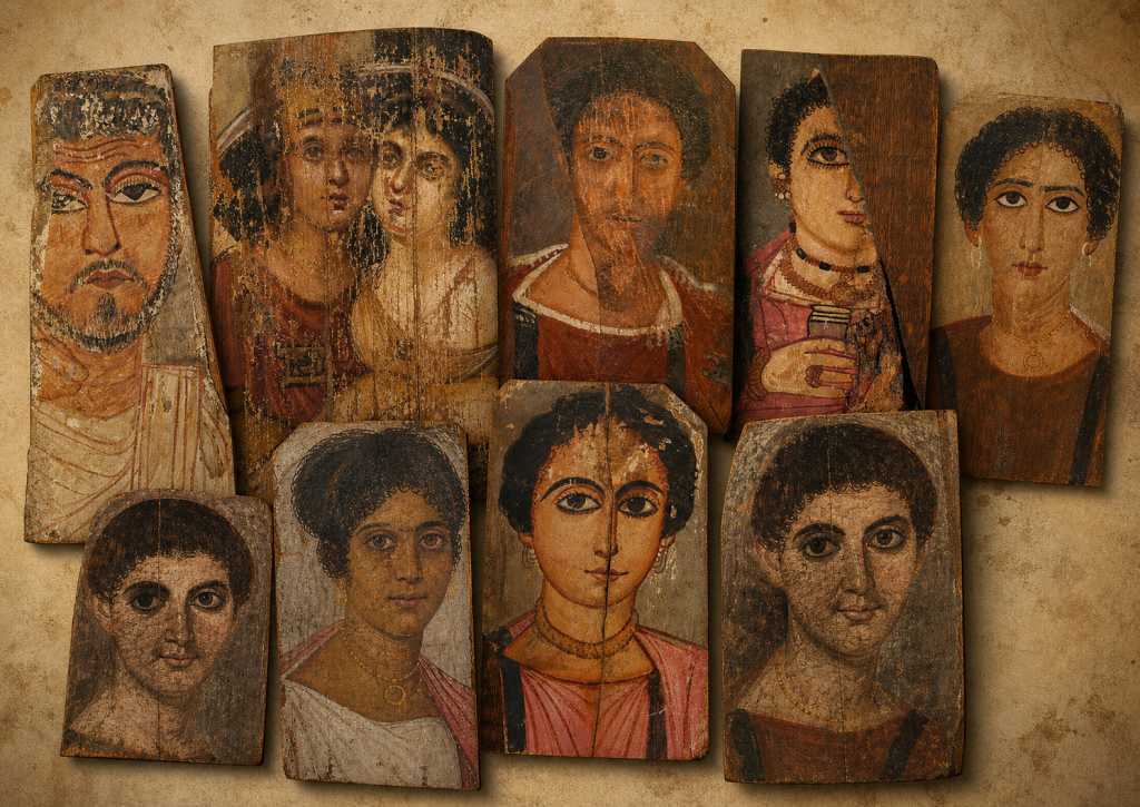 Mosaico horizontal con nueve retratos de El Fayum del Museo Pushkin de Moscú