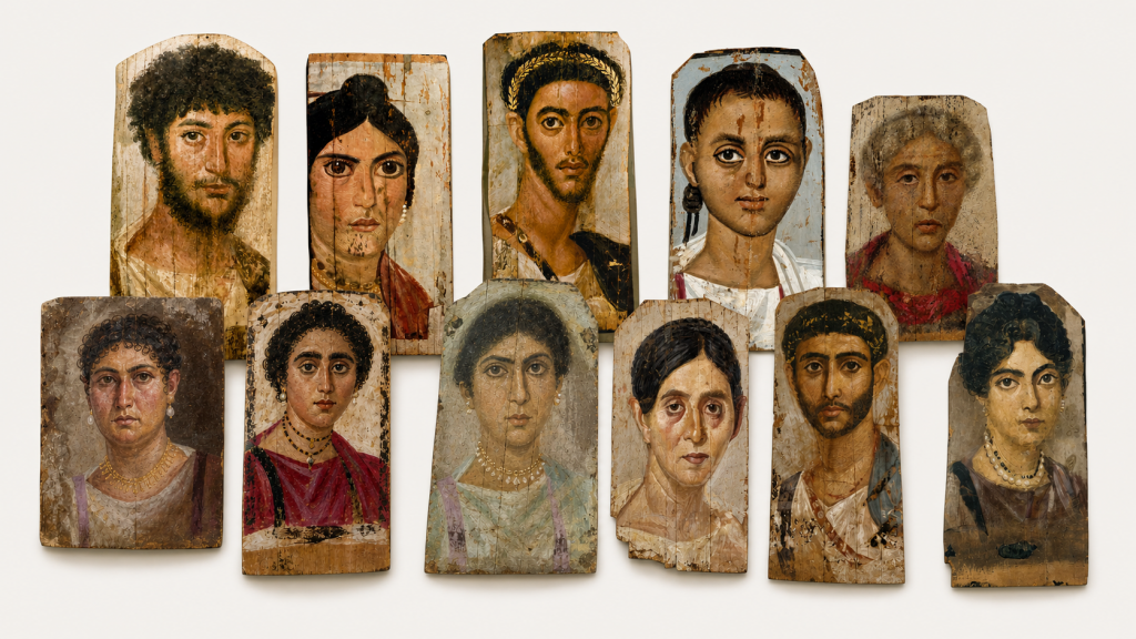 Mosaico con varios retratos de El Fayum conservados en el Neues Museum de Berlín.