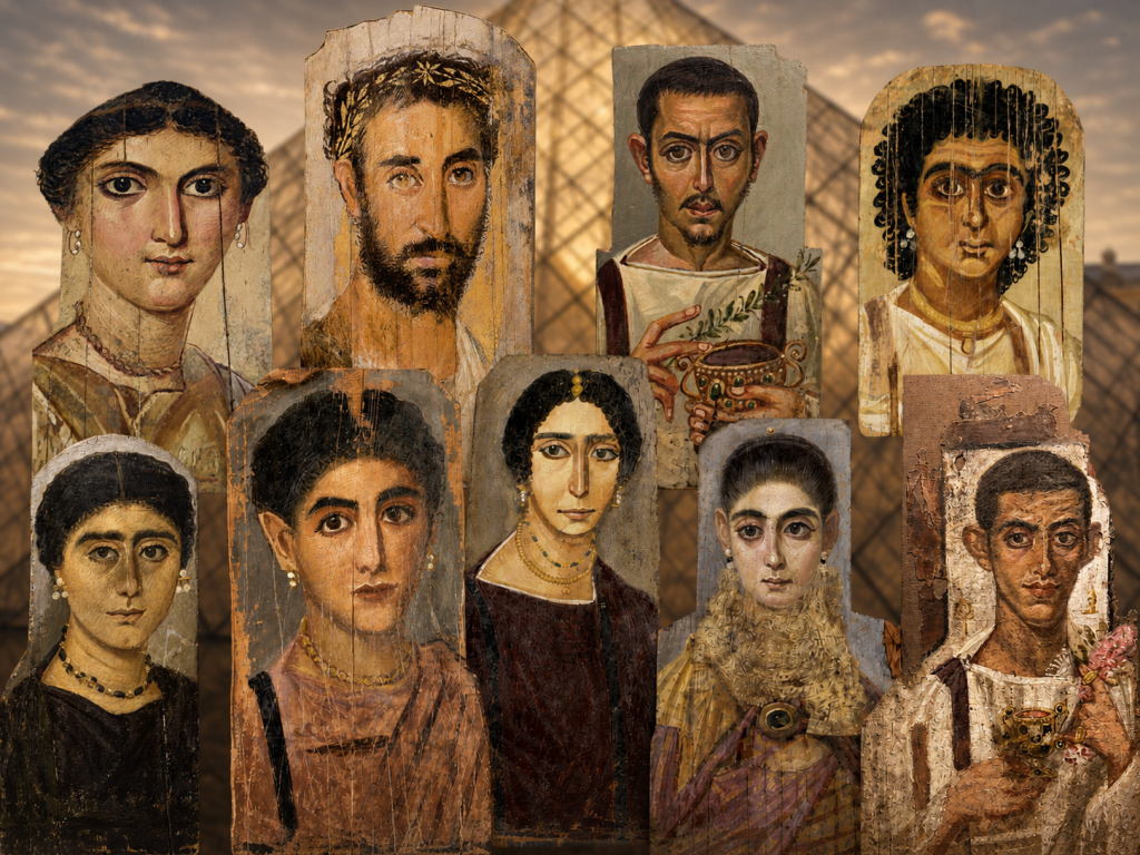 Composición con retratos de El Fayum conservados en el Museo del Louvre, con la pirámide del Louvre difuminada al fondo.