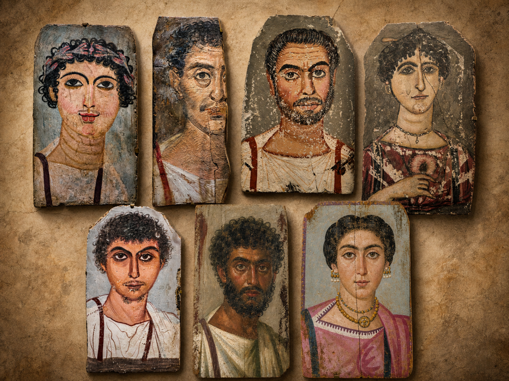 Composición artística con varios retratos de momia de El Fayum conservados en el KHM, dispuestos de forma armónica sobre un fondo de aspecto antiguo en tonos terrosos.