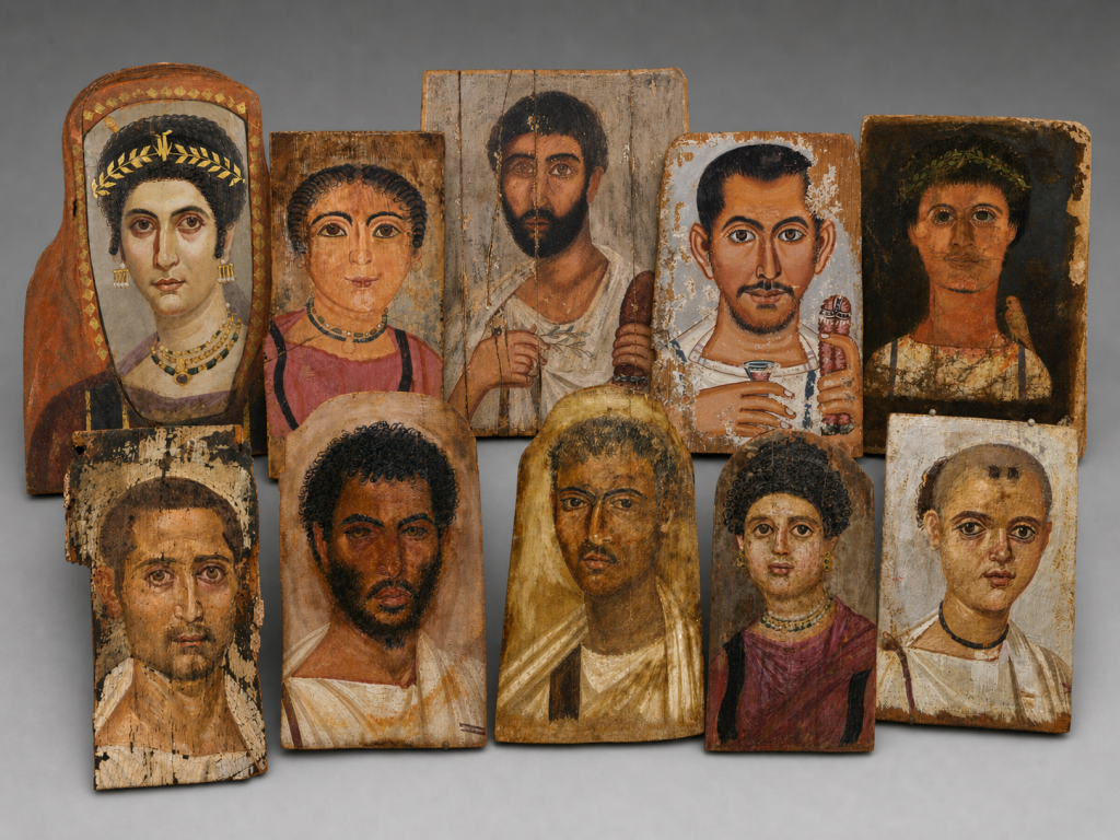 Composición con retratos de El Fayum conservados en el Getty Museum.