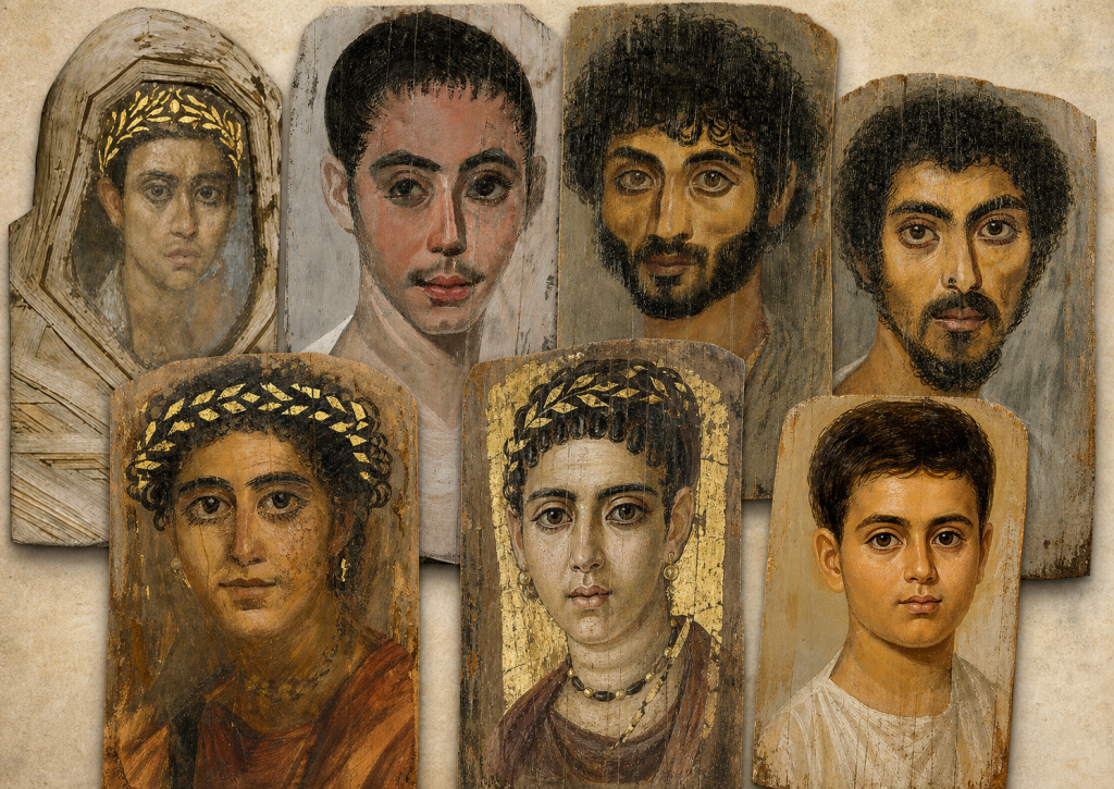 Composición ilustrativa basada en varios retratos de El Fayum conservados en el Metropolitan Museum of Art de Nueva York.