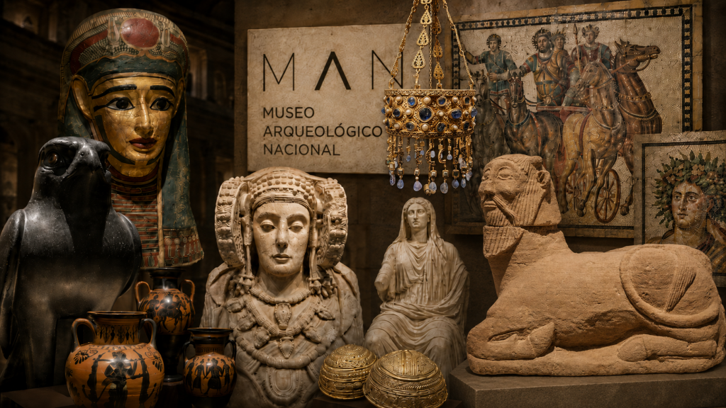 recreación artística con algunas de las obras más representativas del Museo Arqueológico Nacional de Madrid