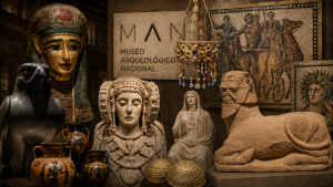 recreación artística con algunas de las obras más representativas del Museo Arqueológico Nacional de Madrid