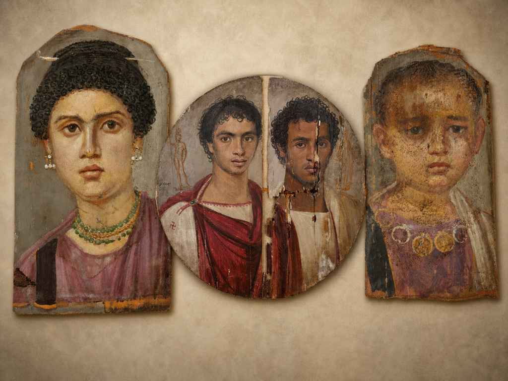 Composición con tres retratos funerarios de El Fayum procedentes de Egipto, agrupados de forma armónica sobre fondo neutro.