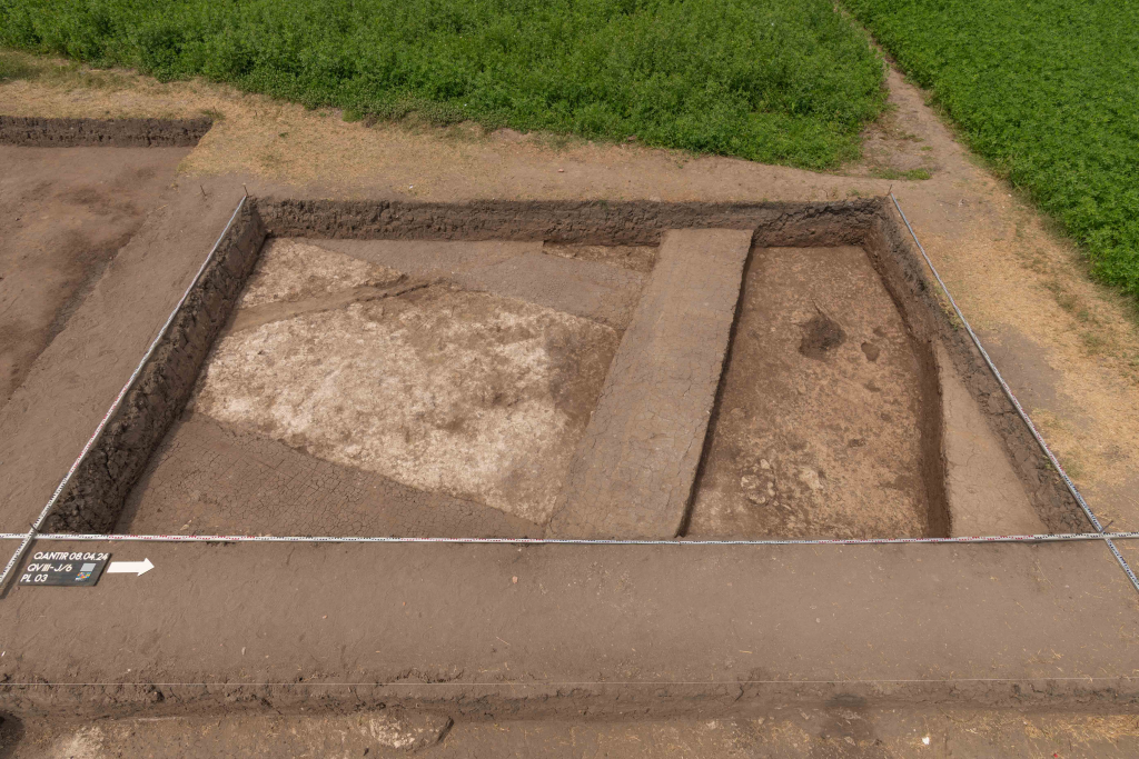 Vista aérea del nivel de excavación, donde se aprecian varios muros de adobe pertenecientes a la antigua Pi-Ramsés.